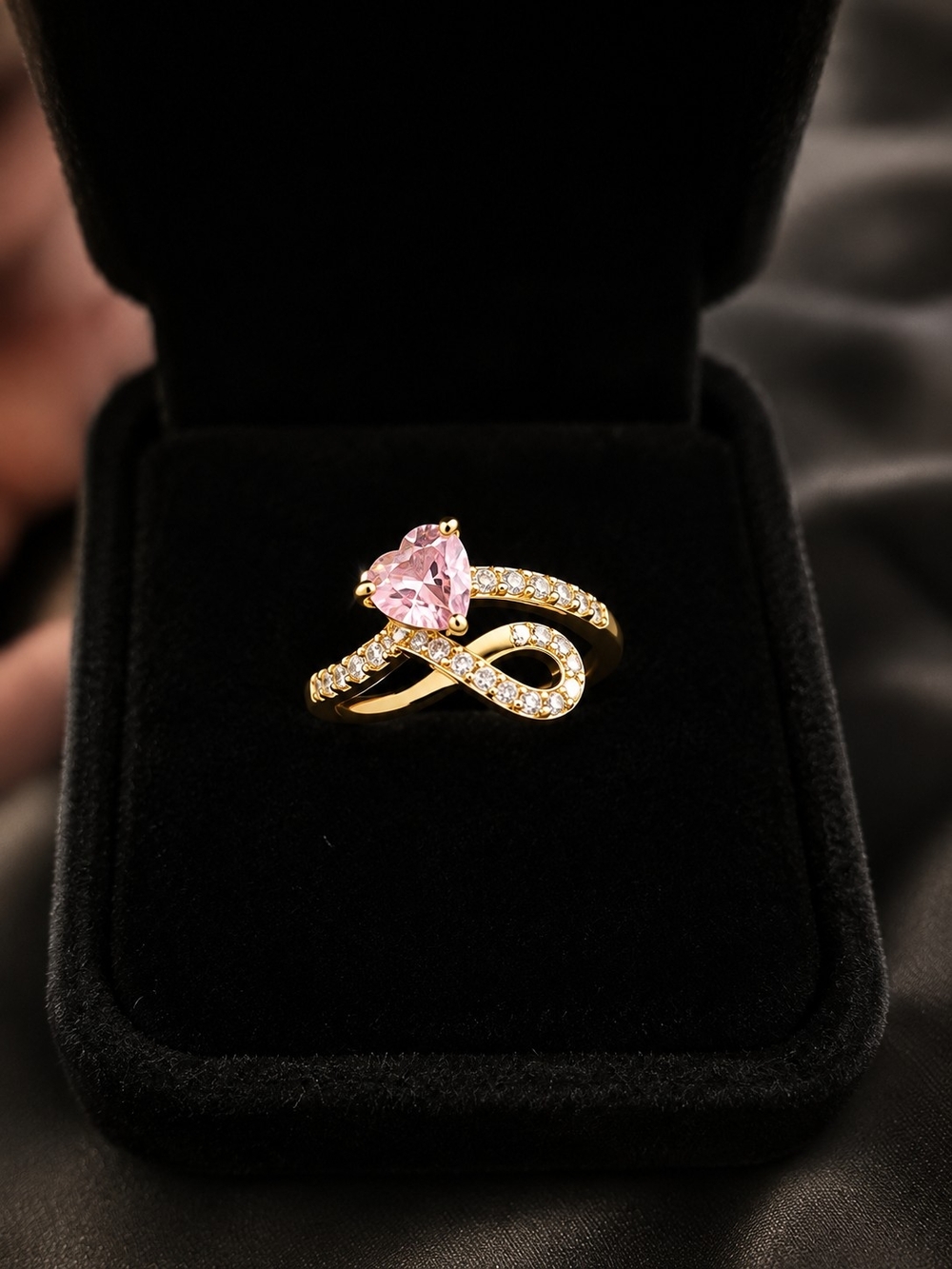 Gold Ring with Pink Heart Gem and Pavé Accents One-Size Adjustable!